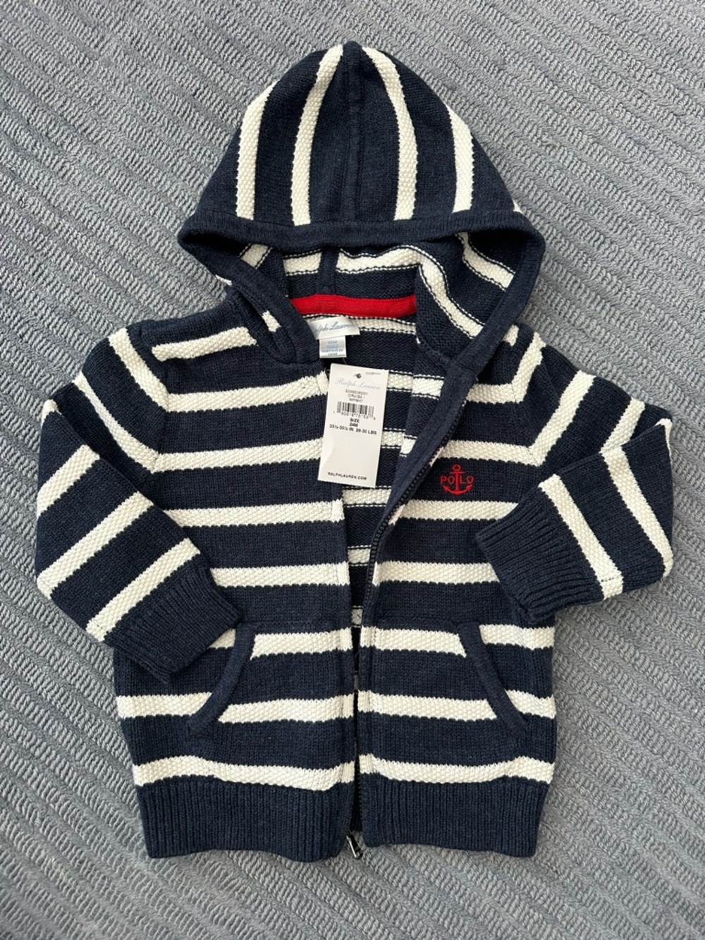 Ralph Lauren Navy & White Striped Knit Hooded Zip Cardigan with Red Polo Logo